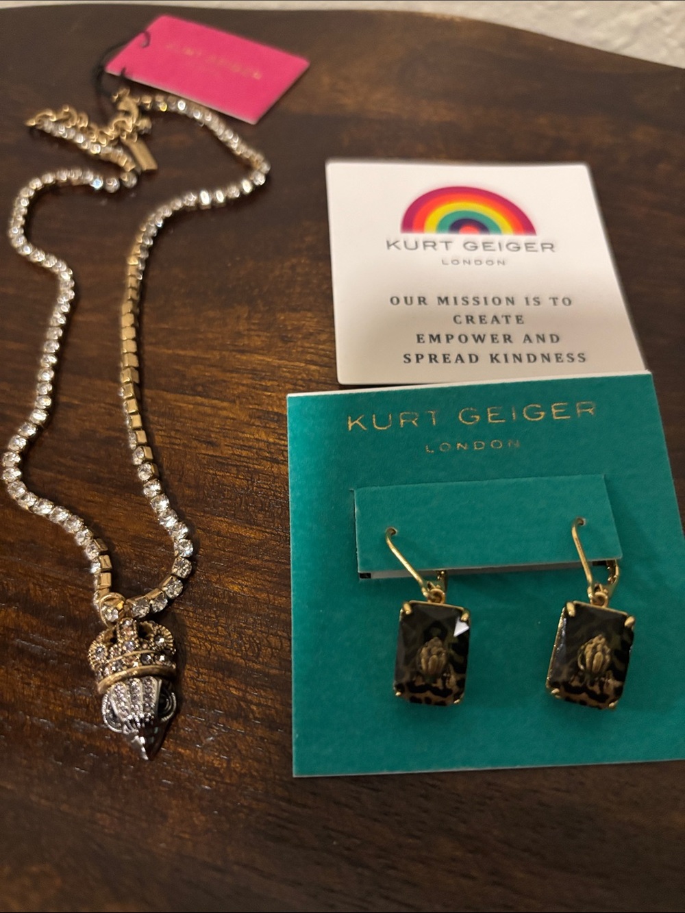 Kurt Geiger Gold and Black Crystal Pendant Necklace with Black Drop Earrings